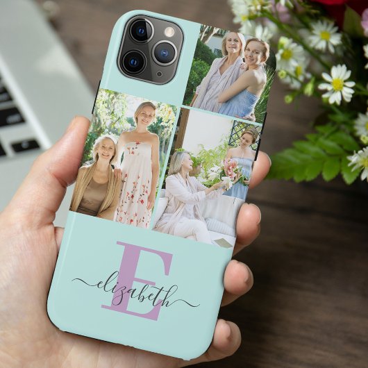 Elegante Script Monogram 3 Foto Mint en Lila Case-Mate iPhone Case