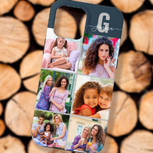 Elegante Script Monogram 6 Foto Leiste Blauw Grijs Case-Mate iPhone Case