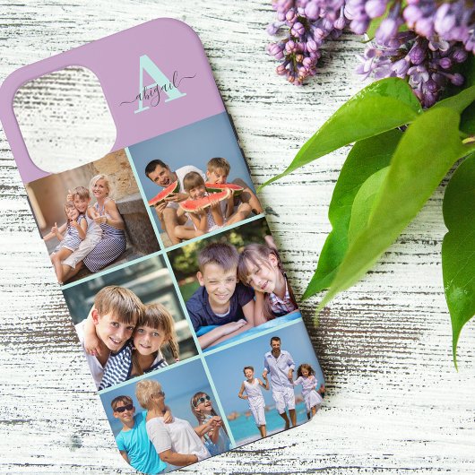 Elegante Script Monogram 6 Foto Lila en Mintgroen Case-Mate iPhone Case