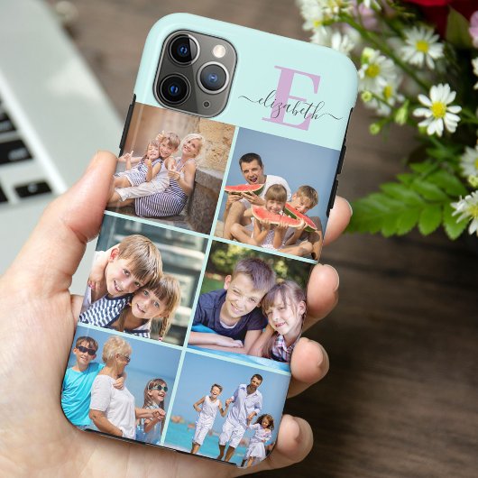 Elegante Script Monogram 6 Foto Mint en Lila Case-Mate iPhone Case