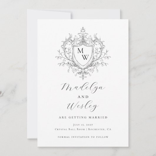 Elegante script monogram crest save the date (Voorkant)