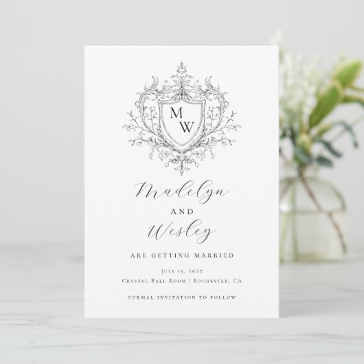 Elegante script monogram crest save the date (Staand voorkant)