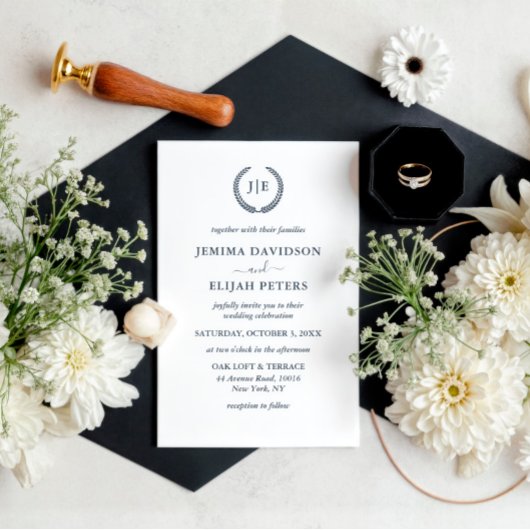 Elegante Script Monogram Kam Krans Trouwen Kaart