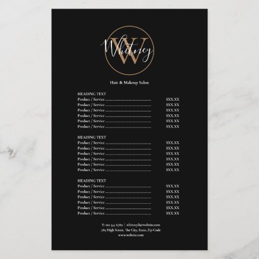 Elegante Script Monogram Salon Service Menu (Voorkant)
