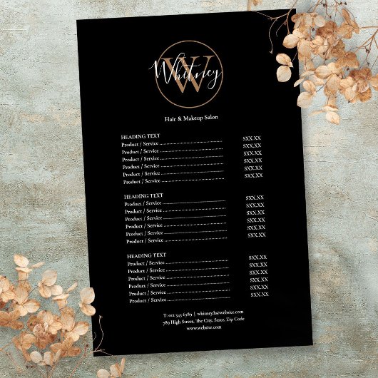 Elegante Script Monogram Salon Service Menu