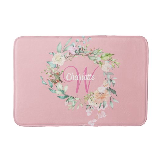Elegante Script Monogramrozen Bloemige Roze Meisje Badmat (Voorkant)