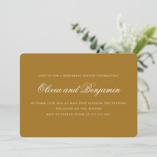 Elegante Script Mosterd Goud Chic Oefendiner Kaart (Staand voorkant)