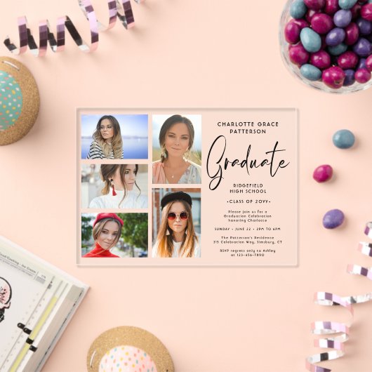 Elegante Script Multi Foto Afstudeerfeest Acryl Uitnodigingen (Insitu (Viering))
