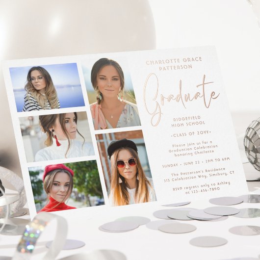 Elegante Script Multi Foto Afstudeerfeest Folie Uitnodiging