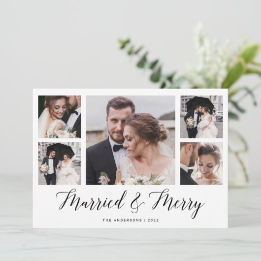 Elegante Script Multi Foto Raster Getrouwd en Stra Feestdagenkaart (Staand voorkant)