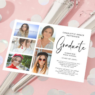 Elegante script multi-fotografie afstudeeraankondi kaart