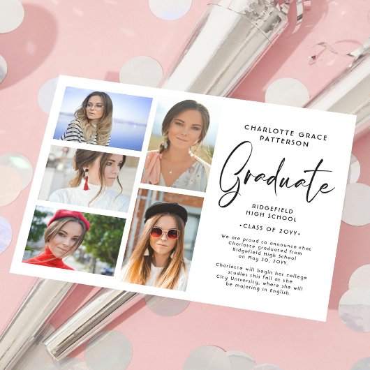 Elegante script multi-fotografie afstudeeraankondi kaart