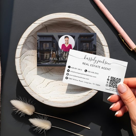 Elegante Script Naam Cirkel Zakelijke Foto QR-code Visitekaartje