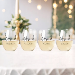 Elegante Script Naam Datum Bruidsmeisje Gift Wijnglas Zonder Voet