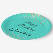 Elegante Script Naam Gouden Glitter op Turquoise Papieren Bordje (Gekanteld)