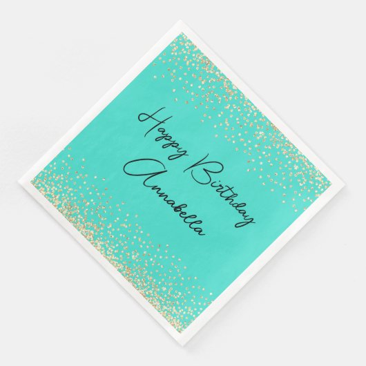 Elegante Script Naam Gouden Glitter op Turquoise Servet (Hoek)