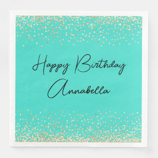 Elegante Script Naam Gouden Glitter op Turquoise Servet (Voorkant)