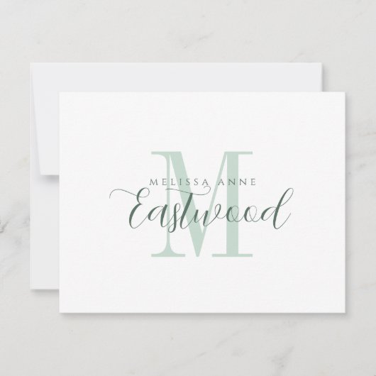 Elegante Script Naam Groene Monogram Platte Nota K Notitiekaartje (Voorkant)