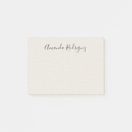 Elegante Script Naam op Beige Faux Canvas Textuur Post-it® Notes (Voorkant)