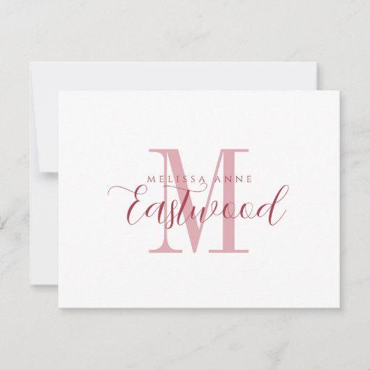 Elegante Script Naam Rood Monogram Platte Nota Kaa Notitiekaartje (Voorkant)