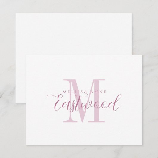 Elegante Script Naam Roze Monogram Platte Nota Kaa Notitiekaartje (Voorkant / Achterkant)