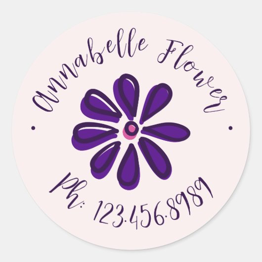 Elegante Script - Naam Telefoon - Bloem Ronde Sticker (Voorkant)