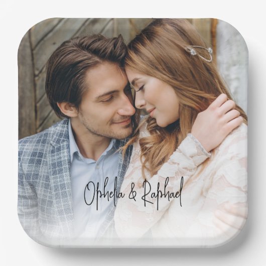 Elegante Script Namen Foto Overlay Bruiloft Papieren Bordje (Voorkant)