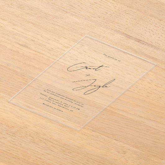 Elegante Script Namen Huwelijk Modern Zwart Clear Acryl Uitnodigingen (Laagn)