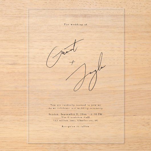 Elegante Script Namen Huwelijk Modern Zwart Clear Acryl Uitnodigingen (Voorkant)