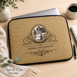 Elegante script natuurlijke jute textuur laptop sleeve