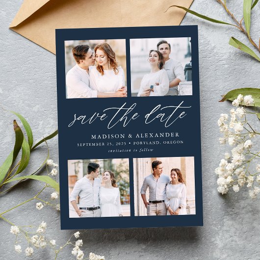 Elegante Script Navy 4 Foto Collage Save The Date