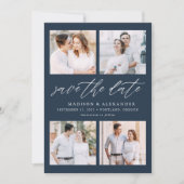 Elegante Script Navy 4 Foto Collage Save The Date (Voorkant)