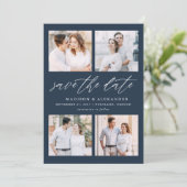 Elegante Script Navy 4 Foto Collage Save The Date (Staand voorkant)