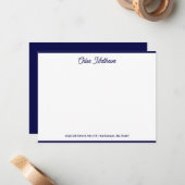 Elegante Script Navy Blauwe Briefpapier Rand Notitiekaartje (Voorkant / Achterkant in situ)