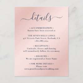 Elegante script Navy Blue en Blush Bruiloft Detail Informatiekaartje