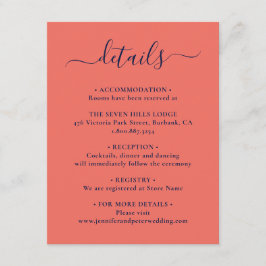 Elegante script Navy Blue en Koraal Huwelijksdetai Informatiekaartje