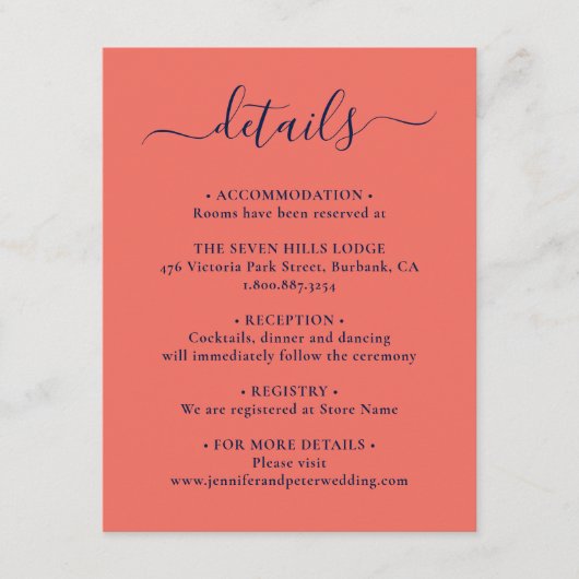 Elegante script Navy Blue en Koraal Huwelijksdetai Informatiekaartje (Voorkant)