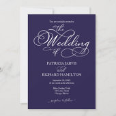 Elegante script Navy Blue Witte Trouwkaarten Kaart (Voorkant)