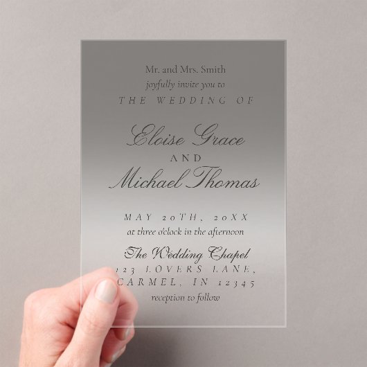 Elegante Script Neutral Black Gradient Wedding Acryl Uitnodigingen (Insitu (Draagbaar))