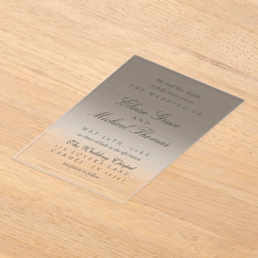 Elegante Script Neutral Black Gradient Wedding Acryl Uitnodigingen (Laagn)