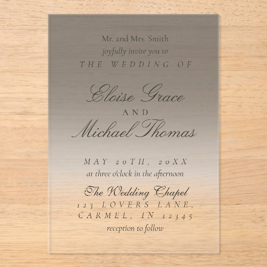 Elegante Script Neutral Black Gradient Wedding Acryl Uitnodigingen (Voorkant)