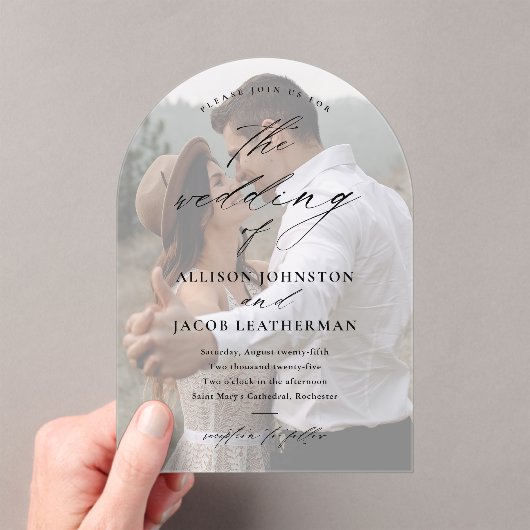 Elegante script overlay boog foto bruiloft acryl uitnodigingen (Insitu (Draagbaar))