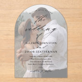 Elegante script overlay boog foto bruiloft acryl uitnodigingen (Voorkant)