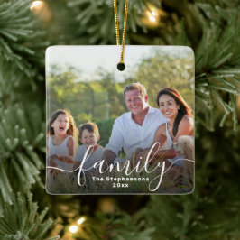 Elegante script overlay dubbelzijdige familiefoto keramisch ornament