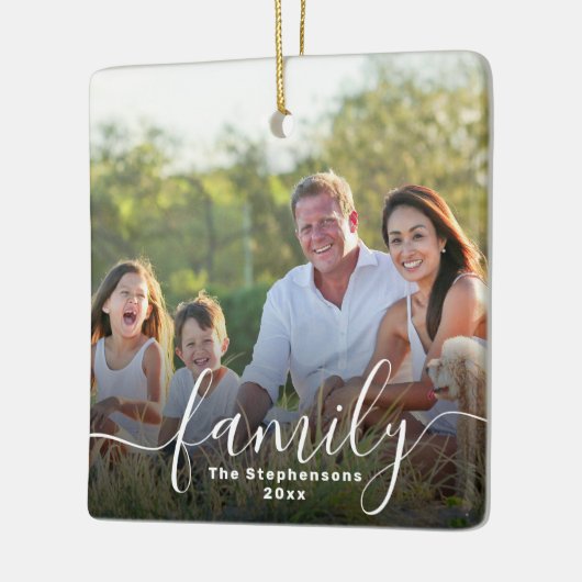 Elegante script overlay dubbelzijdige familiefoto keramisch ornament (Links)
