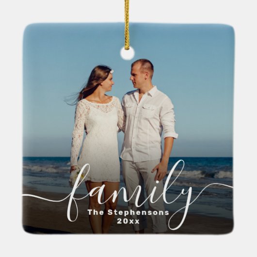 Elegante script overlay dubbelzijdige familiefoto keramisch ornament (Achterkant)