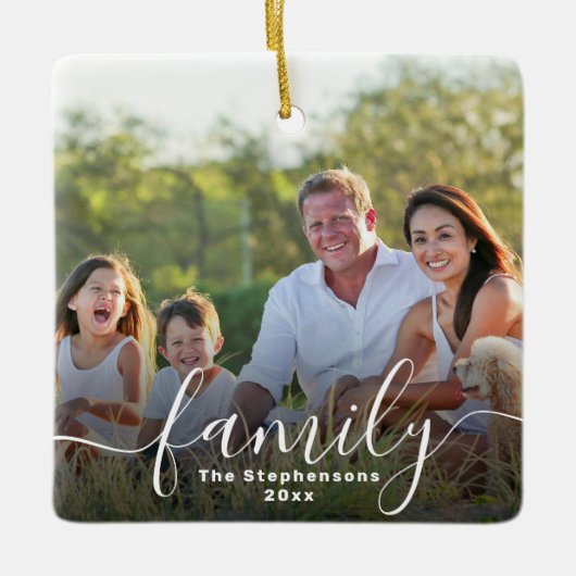 Elegante script overlay dubbelzijdige familiefoto keramisch ornament (Voorkant)