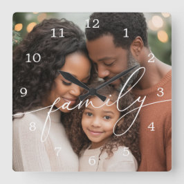 Elegante script overlay familiefoto vierkante klok