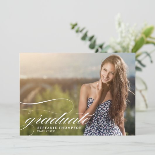 Elegante Script Overlay Foto Afstudeerfeest Kaart (Staand voorkant)