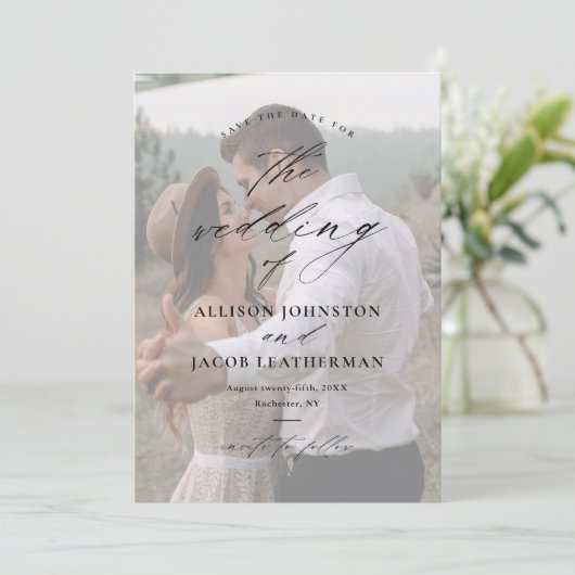 Elegante Script Overlay Foto Bruiloft Save The Date (Staand voorkant)